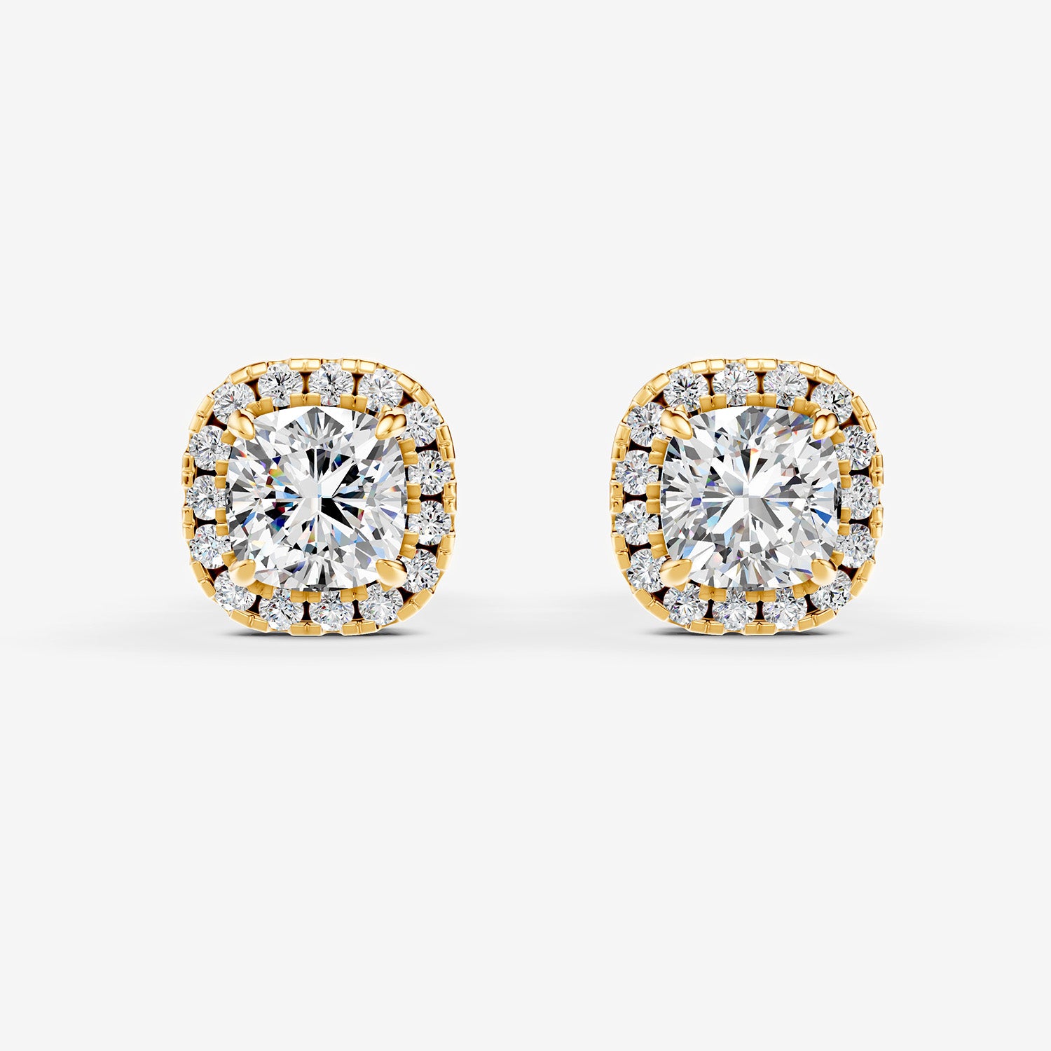 Halo Cushion Solitaire Earrings in 18K Yellow Gold