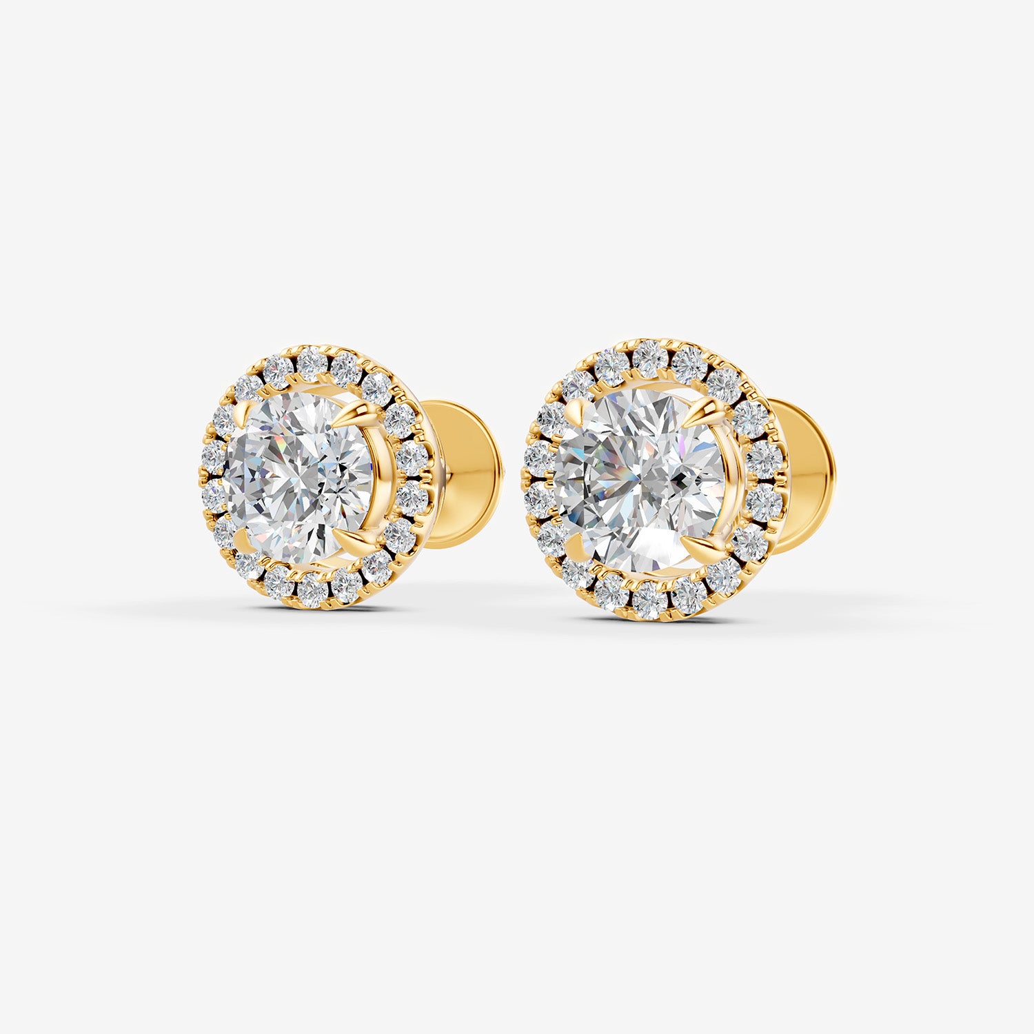 Halo Round Solitaire Earrings in 18K Yellow Gold