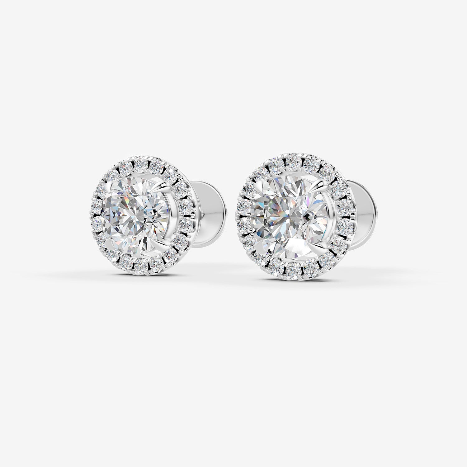 Halo Round Solitaire Earrings in 18K White Gold